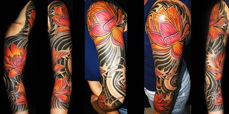 flower-mixed-color-black-grey-sleeve-tattoo-by-josh-hibbard